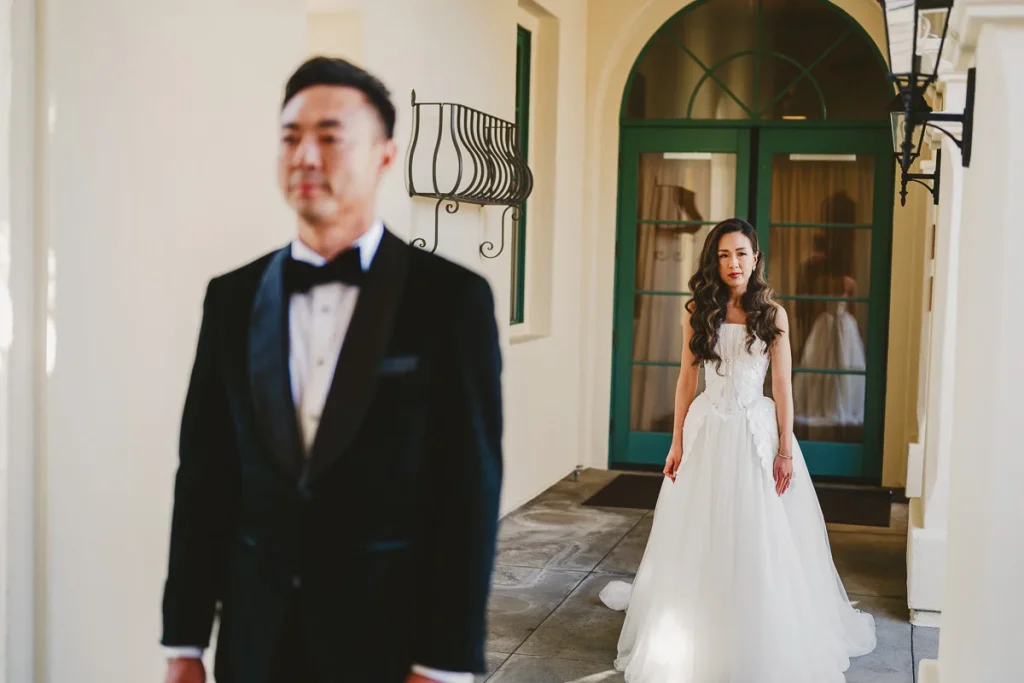 Bride approaches groom for first look at Talega Golf Club